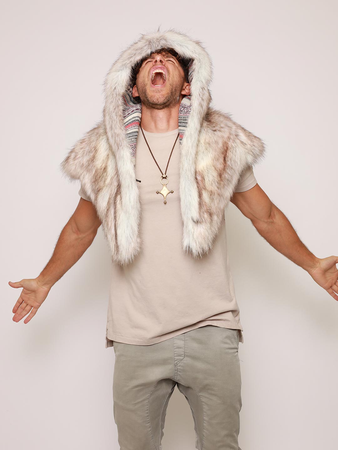 Man Howling While Wearing Timber Wolf Collector Faux Fur Shawl