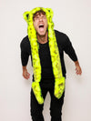 Man wearing Neon Yellow Leopard Luxe Collector Edition Faux Fur Hood, front view