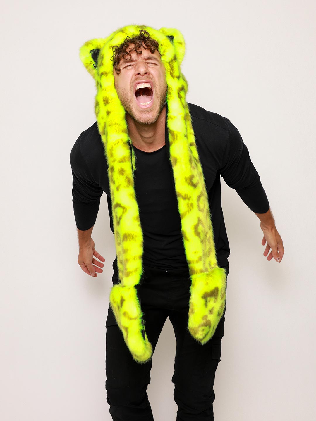 Man wearing Neon Yellow Leopard Luxe Collector Edition Faux Fur Hood, front view