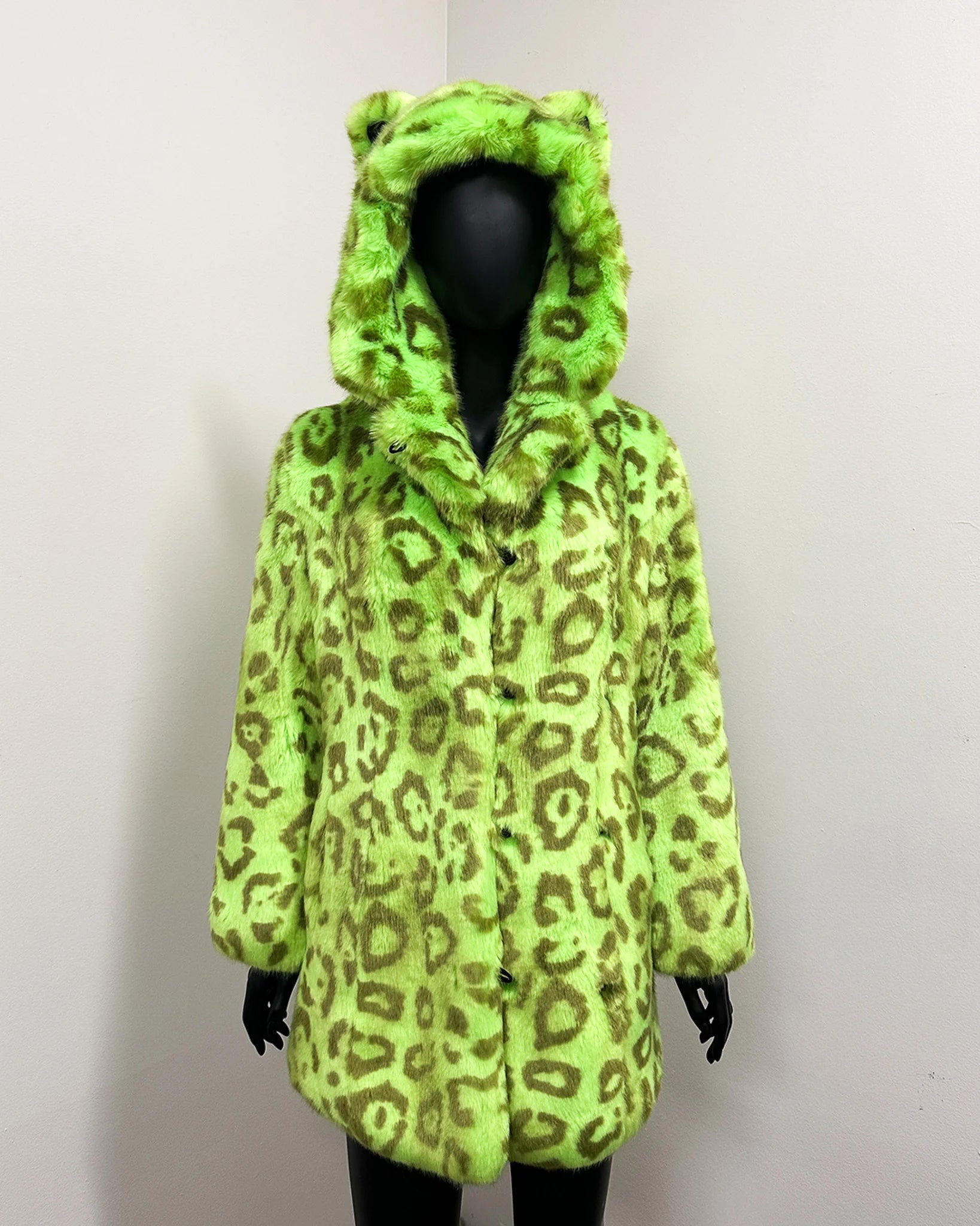 *Sample* Classic Faux Fur Coat | Neon Green Leopard Luxe -Xsmall