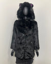 Black fake fur coat with cat ears on a white background. SpiritHoods XXS  Black Panther Coat with Galaxy Lining part of SpiritHoods Online Sample Sale