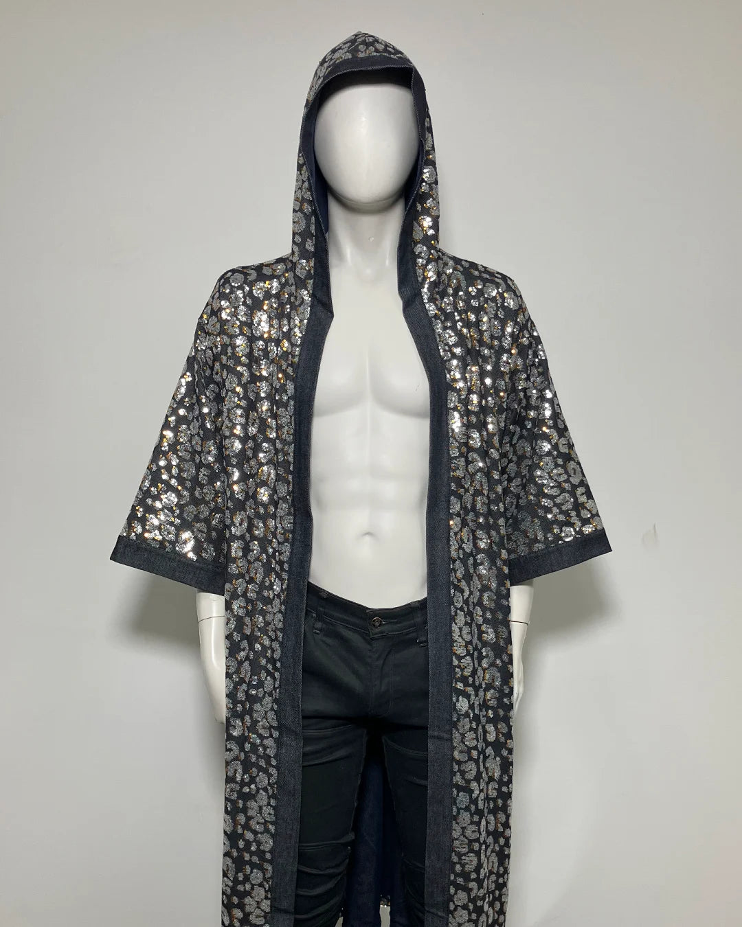 *Almost Purfect* Silver Sequin Kimono | Blue Denim Leopard - L-XL