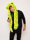 Man wearing Neon Yellow Leopard Luxe Collector Edition Faux Fur Hood, front view 3