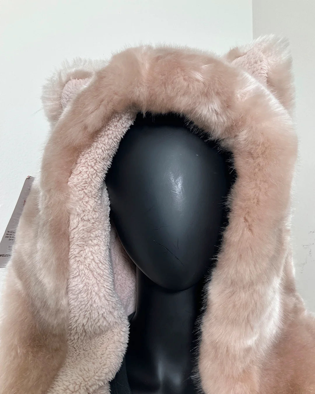 mannequin wearing SpiritHoods Blush Pink Faux Fur bathrobe with double sided plush bodyfabric