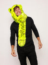 Man wearing Neon Yellow Leopard Luxe Collector Edition Faux Fur Hood, front view 1