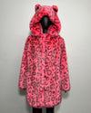Pink leopard print coat with feline ears on a white background