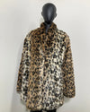 Leopard print fake fur jacket button up on a mannequin against a white background. SpiritHoods Online Sample Sale Faux Fur Coat in Leopard Print in Size MEDIUM.