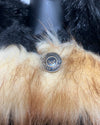 Close-up of a fake fur coat with SpiritHoods branded buttons 