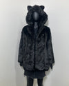 Black fake fur coat with cat ears on a mannequin against a white background | SpiritHoods Online Sample Sale Style Black Panther in Size SMALL
