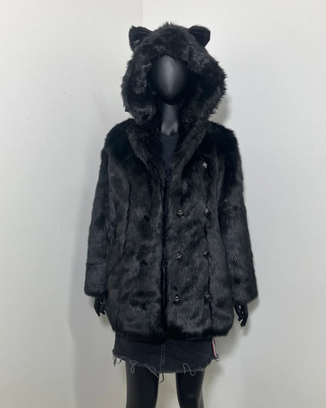 Black fake fur coat with cat ears on a mannequin against a white background | SpiritHoods Online Sample Sale Style Black Panther in Size SMALL