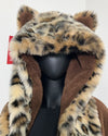 leopard faux fur robe with an oversized hood and ears with brown plush double-sided body fabric