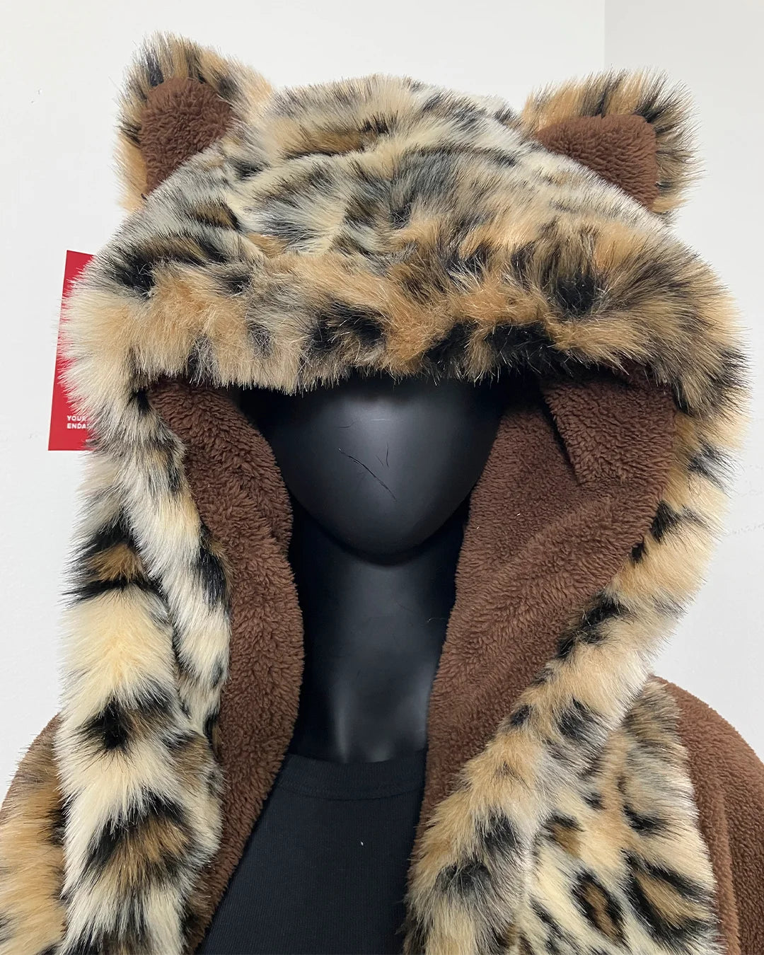 leopard faux fur robe with an oversized hood and ears with brown plush double-sided body fabric