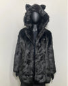 Dark black fake fur coat with a oversized hood with feline ears on a mannequin against a white background | SpiritHoods Online Sample Sale Style Black Panther in Size SMALL