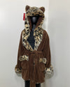 black mannequin wearing spirithoods short leopard robe on a white background