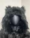 Close up photo of the SpiritHoods XXS Sizing Black Wolf Online Sample Sale Style hood and ears, against a plain background