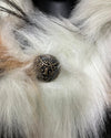 Close-up of a leopard print button on a fake fur coat | SpiritHoods Online Sample Sale Style: Manx Cat Classic Faux Fur Coat in MEDIUM