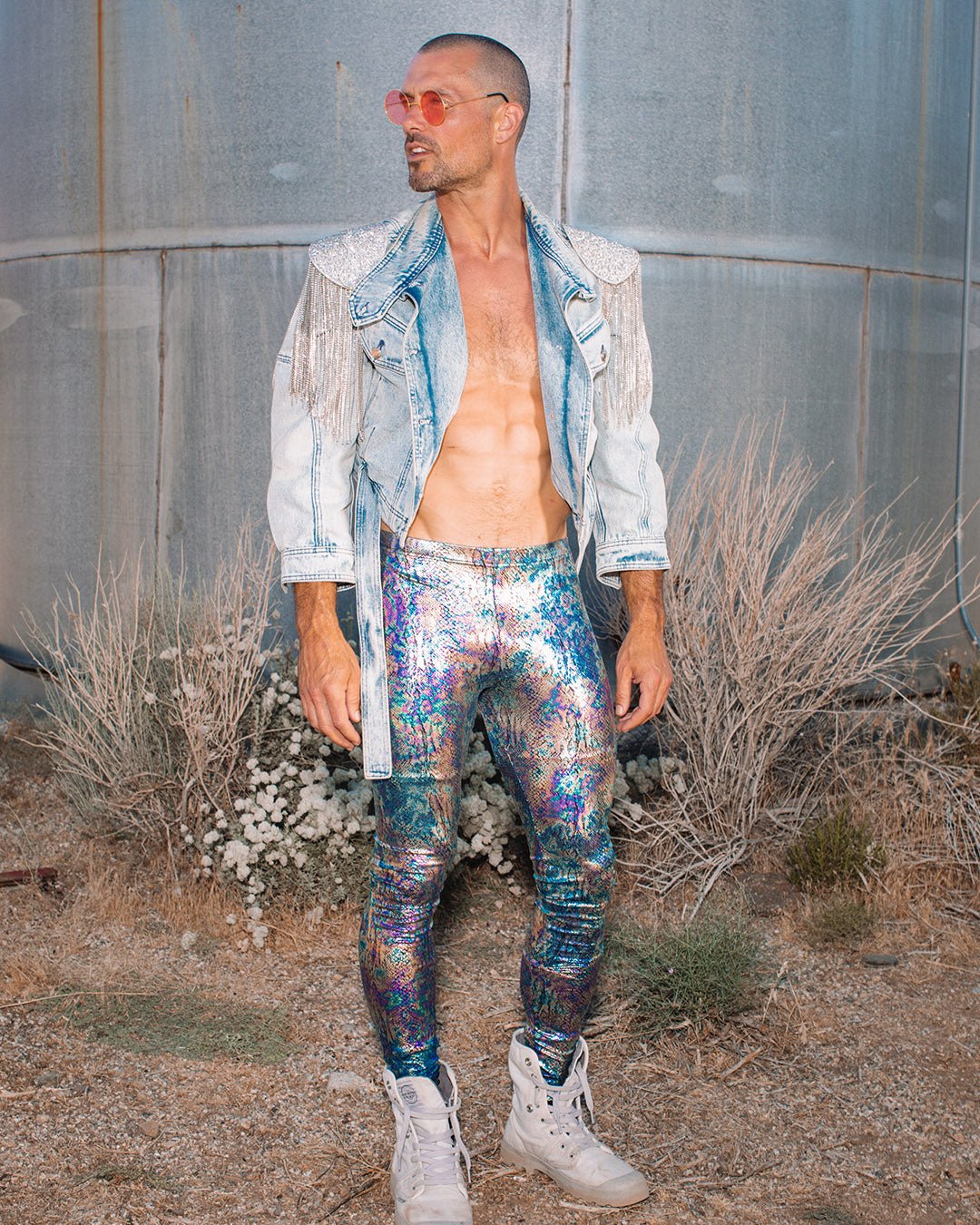 Spirit-Hoods-Festival-Holographic-Rainbow-Snakeskin-Foil-Leggings-for-Men