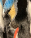 Close-up of a fake fur coat with a spirithoods logo button 