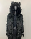 Mannequin wearing a black faux fur coat with a hood on a plain background. SpiritHoods XXS Sizing Black Wolf Online Sample Sale Style