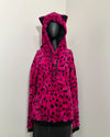 black mannequin wearing spirithoods hot pink cheetah faux fur hoodie with a hood and small ears against white wall