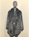 Mannequin wearing a black faux fur coat on a beige background buttons are not being used, you can see the peacoat button rows and button loops. SpiritHoods Online Sample Sale Style: Collared Faux Fur Coat in Black Panther - Size MEDIUM.