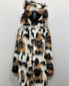 Faux fur coat with a hood featuring a pattern of black, brown, and white on a light gray background.