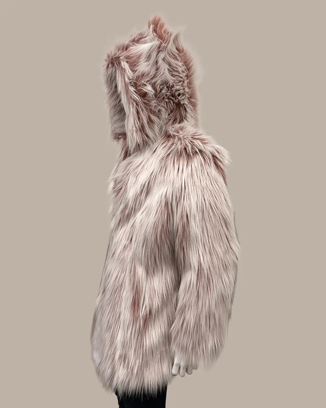 pink/white long pile faux fur coat with oversized hood and ears on mannequin on a neutral background