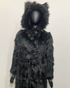 Black plush furry fake fur coat with hood  featuring wolf ears and wolf peacoat buttons on a mannequin against a plain background. SpiritHoods XXS Sizing Black Wolf Online Sample Sale Style