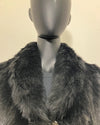 close-up photo of the adjustable over-sized collar being worn down, on the mannequin. SpiritHoods Online Sample Sale style Black Panther Faux Fur Coat in MEDIUM