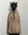 black mannequin wearing a tan leopard print hoodie with a hood and kitty ears on the top