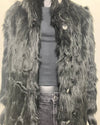 Mannequin wearing a faux fur black coat over a plain background close up of the wolf face buttons and peacoat button closure. SpiritHoods XXS Sizing Black Wolf Online Sample Sale Style
