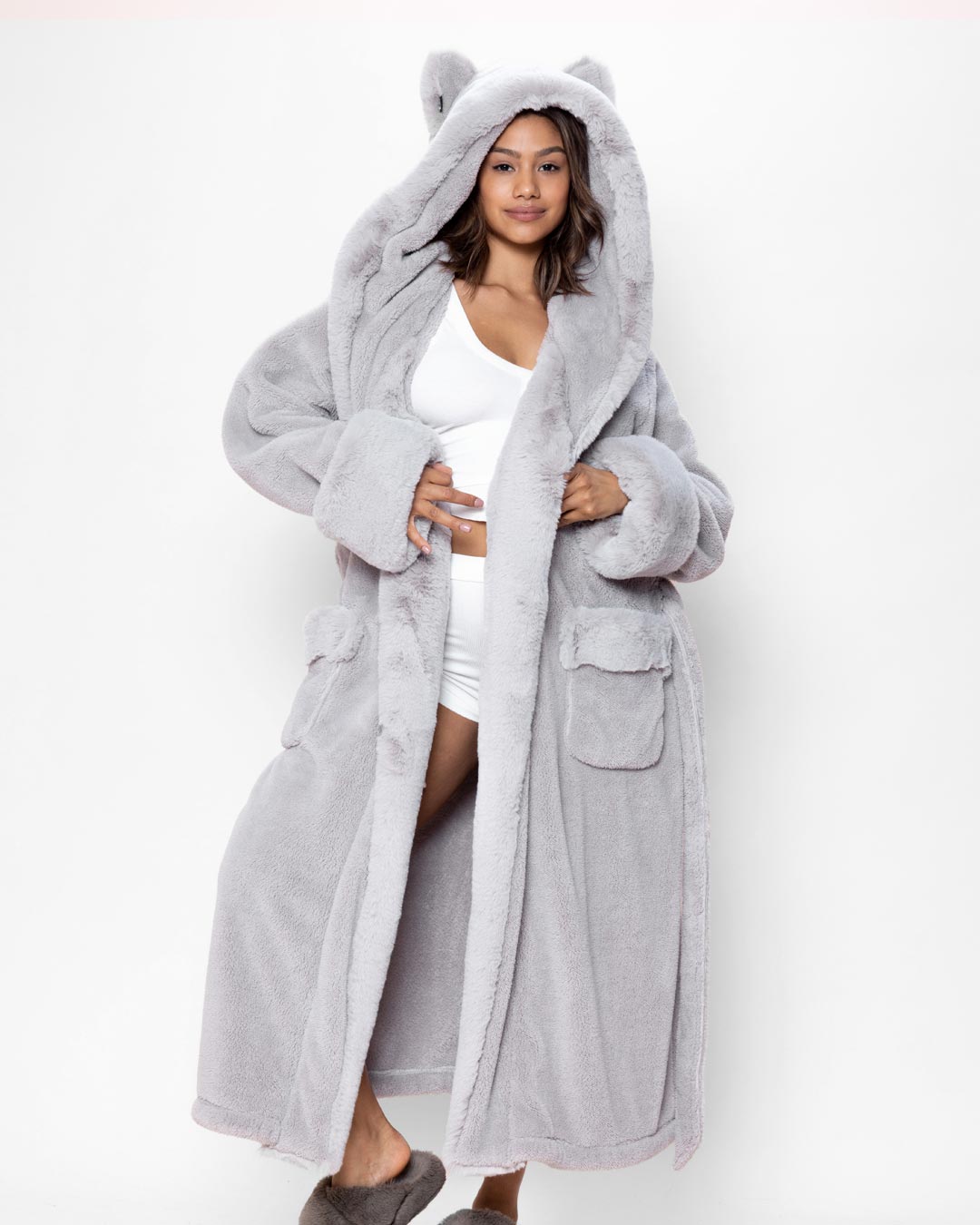 Long Gray Robe Luxury Robe for Women, Grey Luxury Bathrobe | Silver Fox - SpiritHoods