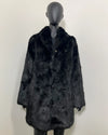 Mannequin wearing the Black Panther Fake Fur Jacket with Collar in size MEDIUM - button loop on the 2nd row is damaged. SpiritHoods Online Sample Sale style Black Panther Faux Fur Coat in MEDIUM