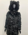 Black fake fur coat with hood on a mannequin against a plain background. SpiritHoods XXS Sizing Black Wolf Online Sample Sale Style