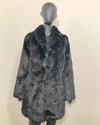 Black Panther Faux Fur Coat on a mannequin showing the coat with the first row of buttons being utilized. SpiritHoods Online Sample Sale style Black Panther Faux Fur Coat in MEDIUM