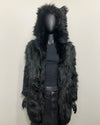 Black furry hooded fake fur jacket on a mannequin against a plain background. SpiritHoods XXS Sizing Black Wolf Online Sample Sale Style