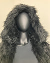 mannequin wearing the Black Wolf Hooded Fake Fur Jacket by SpiritHoods - close up photo of the plush long-pile faux fur in black