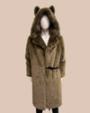 green wolf ear fake fur coat with wrap tie closure on a beige background