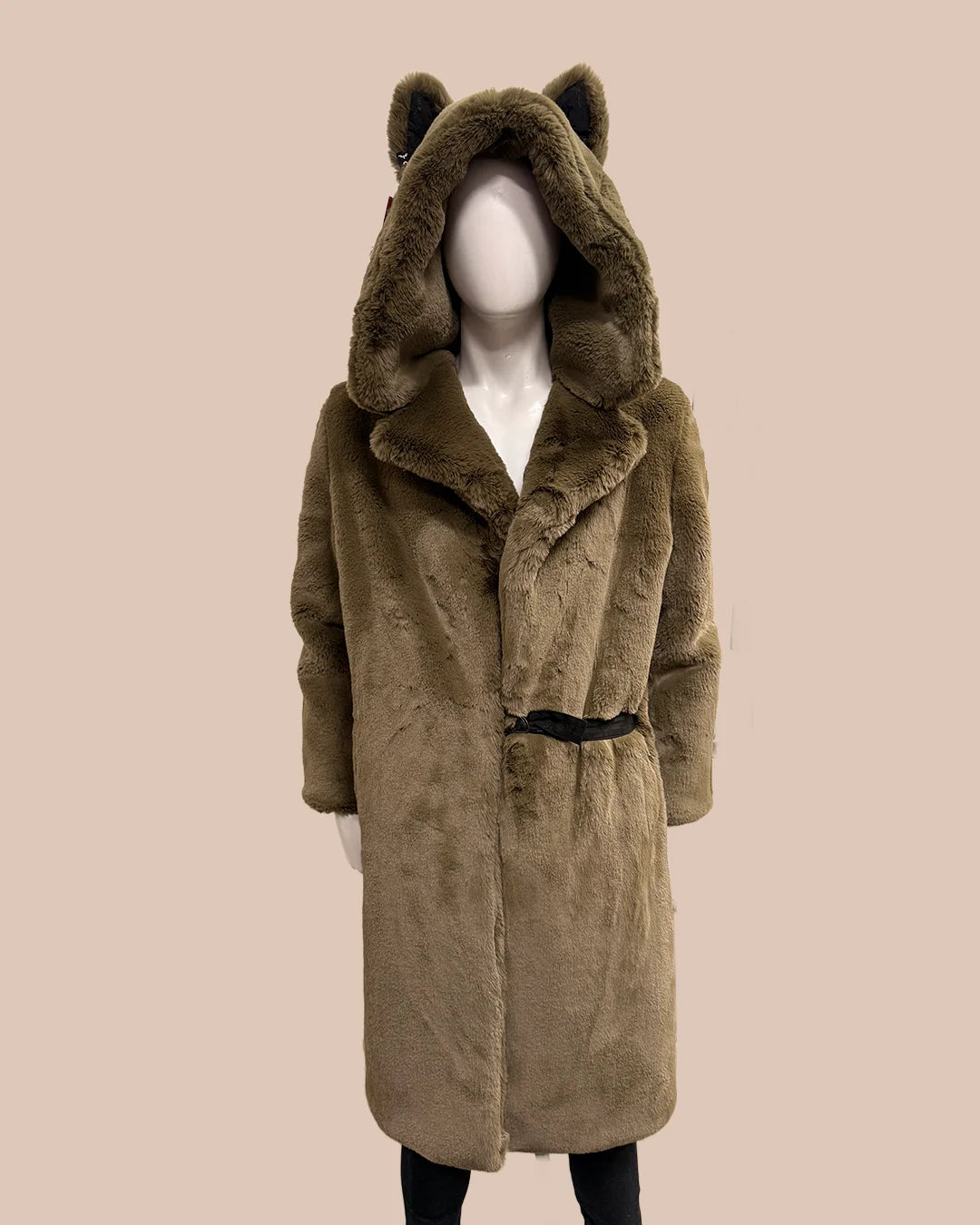 Army Green fake fur coat with wolf ears on a beige background