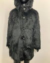 close-up photo of the missing buttons (showing only 5 functional buttons - missing the 2nd row of peacoat style button closure) SpiritHoods Online Sample Sale Hooded Black Faux Fur Coat - Black Wolf in size MEDIUM 