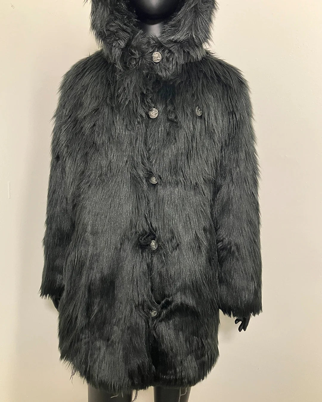 close-up photo of the missing buttons (showing only 5 functional buttons - missing the 2nd row of peacoat style button closure) SpiritHoods Online Sample Sale Hooded Black Faux Fur Coat - Black Wolf in size MEDIUM 