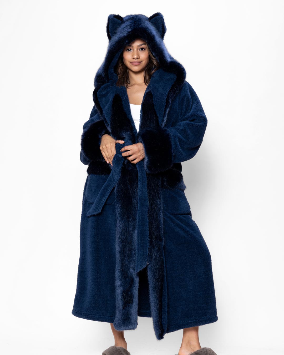 Wolf Run Changing Robe Luxury Robe for Women, Blue Faux Fur Bathrobe | Indigo Wolf - SpiritHoods
