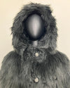 mannequin wearing a buttoned up black faux fur coat with oversized hood showcasing the wolf face buttons on the SpiritHoods Online Sample Sale Hooded Black Faux Fur Coat - Black Wolf in size MEDIUM 