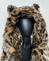 Leopard print faux fur coat on a mannequin against a white background