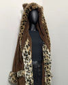 sideshot of SpiritHoods Luxury Long Leopard Robe with brown plush bodyfabric and trimmed with leopard print fake fur