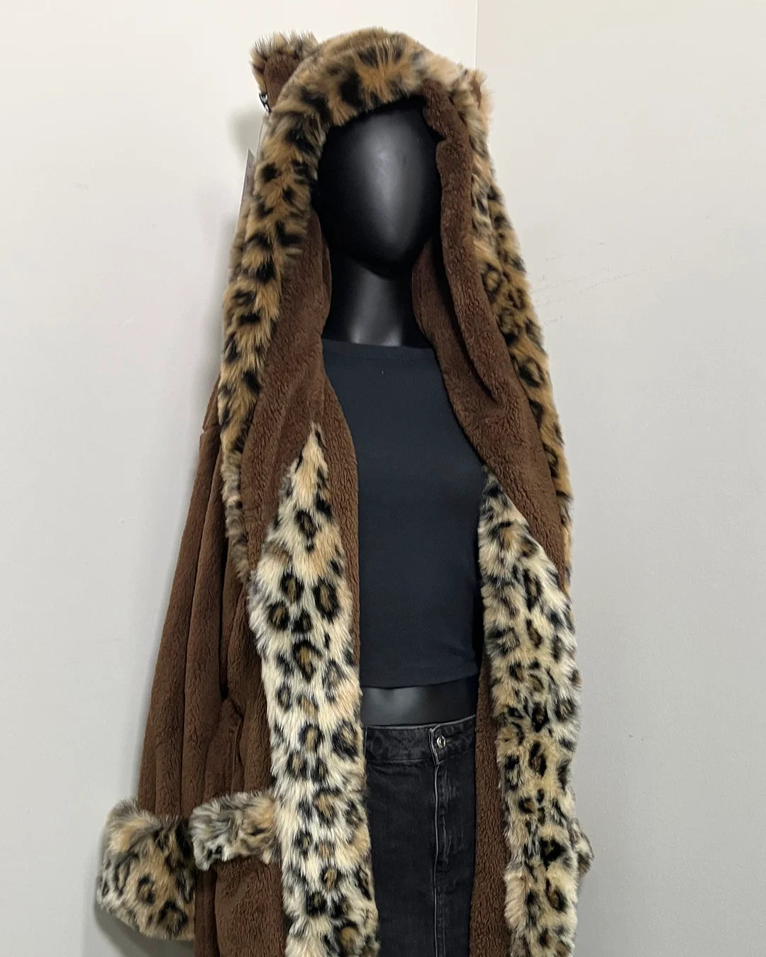 sideshot of SpiritHoods Luxury Long Leopard Robe with brown plush bodyfabric and trimmed with leopard print fake fur