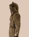army green fuzzy faux fur long wrap coat with a hood on a beige background