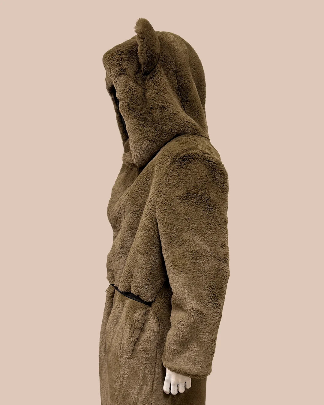 army green fuzzy faux fur long wrap coat with a hood on a beige background