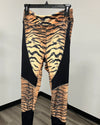Tiger striped pattern leggings with contrast black panels.