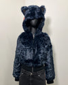 Blue leopard print faux fur cropped jacket with a hood on a mannequin against a white background